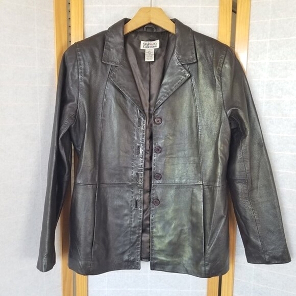 Chocolate Brown Leather Blazer Jacket Style & Co Lined Four Button Small VTG - Picture 1 of 13